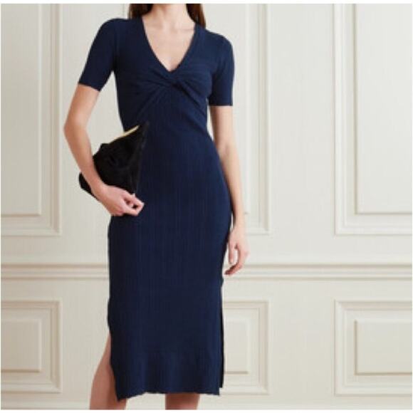 Frame Twist-Front Ribbed Navy Knit MIDI Dress Sz M - Picture 1 of 8